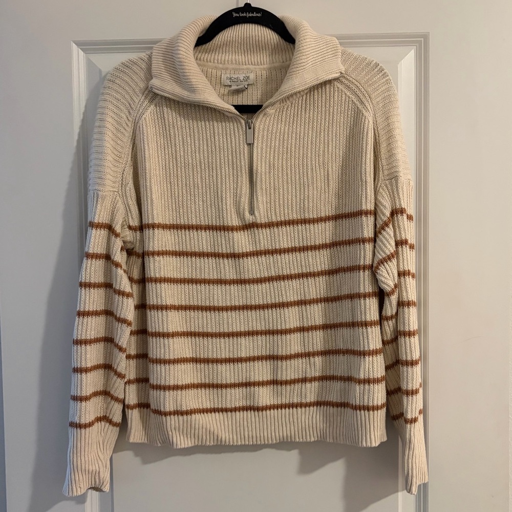 Rachel Zoe Cream and Brown Striped Quarter-Zip Sweater